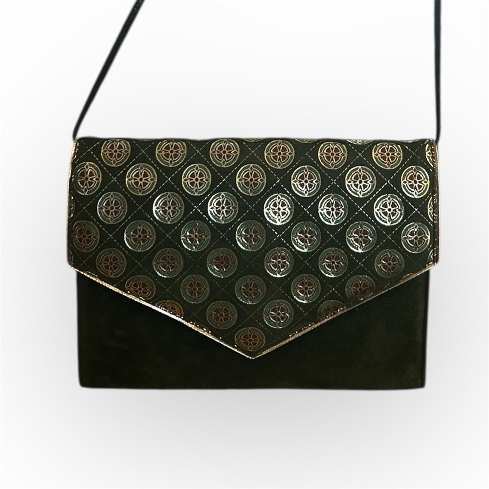 VTG Magdesians Green Suede Envelope Bag Metallic Geometric Pattern Evening 80s
